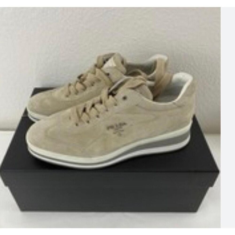 authentic tan suede prada mid platform fashion sneakers trainers shoes  40.5 10